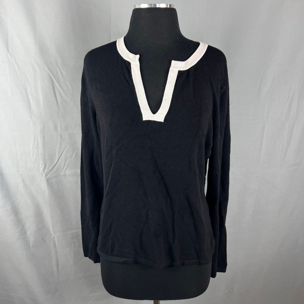 INC International Concepts Blouse Top Womens L Petite Black Contrast Trim V Neck